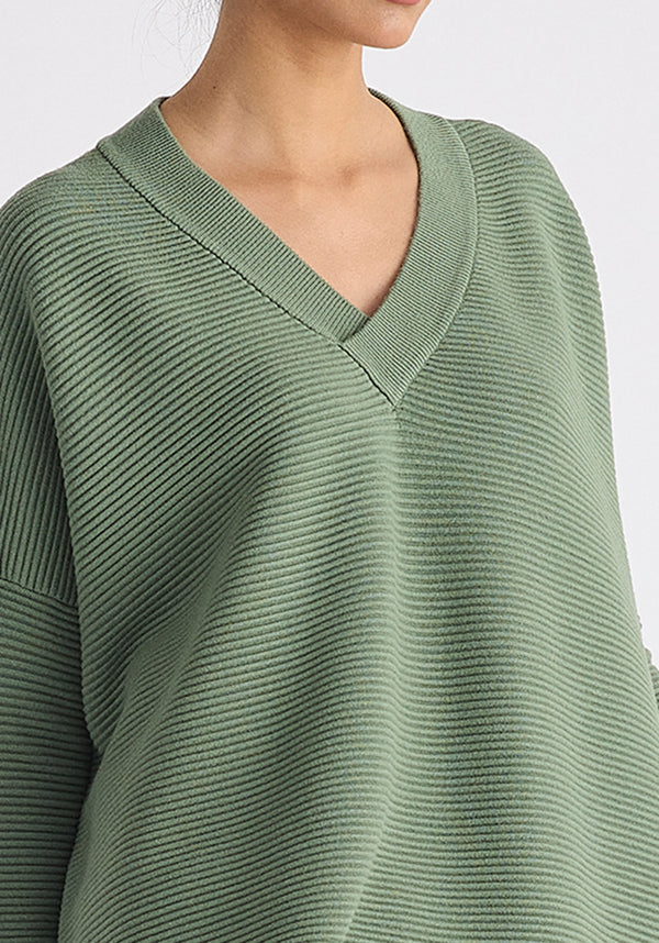 Paisie V-Neck Ribbed Jumper in Sage Green Close Up